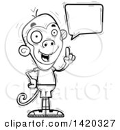Clipart Of A Cartoon Black And White Lineart Doodled Monkey Holding Up A Finger And Talking Royalty Free Vector Illustration