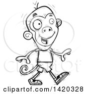 Clipart Of A Cartoon Black And White Lineart Doodled Monkey Walking Royalty Free Vector Illustration
