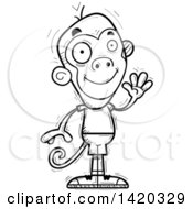 Clipart Of A Cartoon Black And White Lineart Doodled Friendly Monkey Waving Royalty Free Vector Illustration
