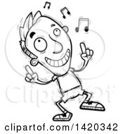 Clipart Of A Cartoon Black And White Lineart Doodled Man Dancing To Music Royalty Free Vector Illustration
