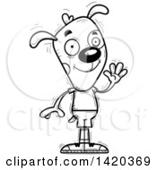 Clipart Of A Cartoon Black And White Lineart Doodled Friendly Dog Waving Royalty Free Vector Illustration