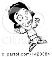 Clipart Of A Cartoon Black And White Lineart Doodled Black Woman Jumping For Joy Royalty Free Vector Illustration