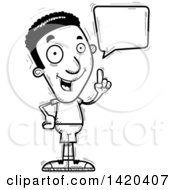 Clipart Of A Cartoon Black And White Lineart Doodled Black Man Holding Up A Finger And Talking Royalty Free Vector Illustration