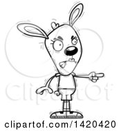 Clipart Of A Cartoon Black And White Lineart Doodled Angry Female Rabbit Pointing Royalty Free Vector Illustration