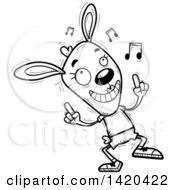 Clipart Of A Cartoon Black And White Lineart Doodled Female Rabbit Dancing To Music Royalty Free Vector Illustration