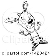 Clipart Of A Cartoon Black And White Lineart Doodled Female Rabbit Jumping For Joy Royalty Free Vector Illustration