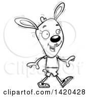 Clipart Of A Cartoon Black And White Lineart Doodled Female Rabbit Walking Royalty Free Vector Illustration
