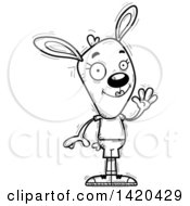 Poster, Art Print Of Cartoon Black And White Lineart Doodled Friendly Female Rabbit Waving