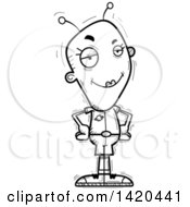 Cartoon Black And White Lineart Doodled Confident Female Alien