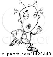 Cartoon Black And White Lineart Doodled Exhausted Female Alien Running