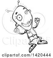 Poster, Art Print Of Cartoon Black And White Lineart Doodled Happy Jumping Female Alien