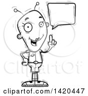 Cartoon Black And White Lineart Doodled Female Alien Holding Up A Finger And Talking