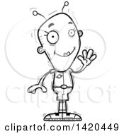 Cartoon Black And White Lineart Doodled Friendly Female Alien Waving