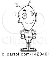 Clipart Of A Cartoon Black And White Lineart Doodled Confident Alien Royalty Free Vector Illustration