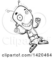 Poster, Art Print Of Cartoon Black And White Lineart Doodled Excited Alien Jumping