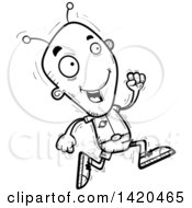 Clipart Of A Cartoon Black And White Lineart Doodled Alien Running Royalty Free Vector Illustration