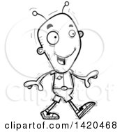 Clipart Of A Cartoon Black And White Lineart Doodled Alien Walking Royalty Free Vector Illustration