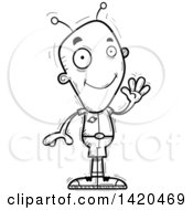 Clipart Of A Cartoon Black And White Lineart Doodled Friendly Alien Waving Royalty Free Vector Illustration