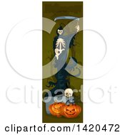 Poster, Art Print Of Vertical Website Banner Of A Grim Reaper Over Halloween Pumpkins And A Skull