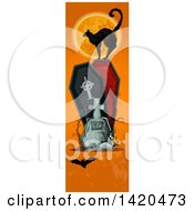 Poster, Art Print Of Vertical Website Banner Of A Black Cat Against A Full Moon On A Coffin With A Tombstone And Bat On Orange