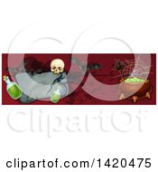 Poster, Art Print Of Header Website Banner Of A Tombstone Cauldron Bats Skull And Potion