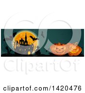 Poster, Art Print Of Header Website Banner Of A Full Moon Bats Haunted Castle Tombstone And Halloween Pumpkins