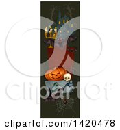 Clipart Of A Vertical Website Banner Of A Bat Haunted Castle Halloween Pumpkin And Skull Royalty Free Vector Illustration
