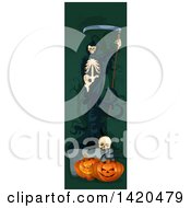 Poster, Art Print Of Vertical Website Banner Of A Grim Reaper Over Halloween Pumpkins And A Skull