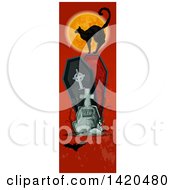 Poster, Art Print Of Vertical Website Banner Of A Black Cat Against A Full Moon On A Coffin With A Tombstone And Bat On Red