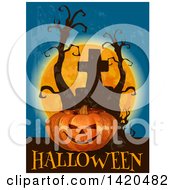 Poster, Art Print Of Jackolantern Pumpkin Dead Trees Full Moon Halloween Text And Tombstone