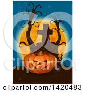 Poster, Art Print Of Halloween Jackolantern Pumpkin Dead Trees Full Moon And Tombstone