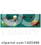Poster, Art Print Of Header Website Banner Of A Witch Cauldron Potion Bottles Bats A Skull And Tombstone