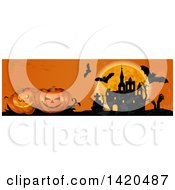 Poster, Art Print Of Header Website Banner Of A Full Moon Vampire Bats Zombie Hands Haunted Castle And Halloween Pumpkins