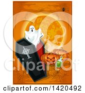 Poster, Art Print Of Spooky Ghost Coffin Halloween Pumpkins Potion Bottle Spider Webs And Full Moon On Orange
