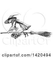 Clipart Of A Sketched Black And White Flying Witch Royalty Free Vector Illustration