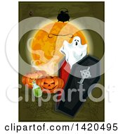 Poster, Art Print Of Spooky Ghost Coffin Full Moon Cauldron Pumpkins Webs And Potion