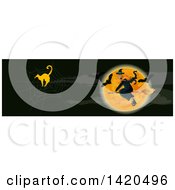 Clipart Of A Header Website Banner With A Flying Witch Cat And Bats Royalty Free Vector Illustration
