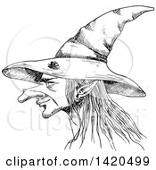 Clipart Of A Sketched Black And White Witch Face In Profile Royalty Free Vector Illustration by Vector Tradition SM