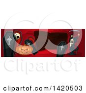 Poster, Art Print Of Header Website Banner With A Halloween Jackolantern Pumpkin Coffins And Grim Reaper