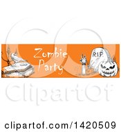 Poster, Art Print Of Header Website Banner Of A Sketched Halloween Pumpkin Rising Zombie Crow And Coffin On Orange