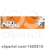 Poster, Art Print Of Header Website Banner Of A Sketched Cat With Halloween Pumpkins Bats A Spider And Witch On Orange