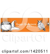 Poster, Art Print Of Header Website Banner Of A Sketched Owl Spider Witch Hat And Cauldron On Orange