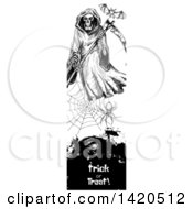 Poster, Art Print Of Vertical Website Banner Of A Sketched Bat Grim Reaper And Spider Web Over Text