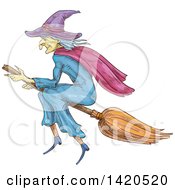 Poster, Art Print Of Sketched And Color Filled Witch Flying On A Broomstick