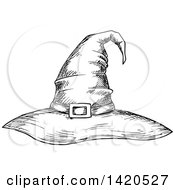 Clipart Of A Sketched Black And White Witch Hat Royalty Free Vector Illustration