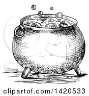 Clipart Of A Sketched Black And White Boiling Cauldron Royalty Free Vector Illustration