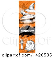 Poster, Art Print Of Vertical Website Banner Of A Sketched Spider Web Crow On A Coffin Text And A Zombie