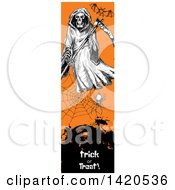 Poster, Art Print Of Vertical Website Banner Of A Sketched Bat Grim Reaper And Spider Web Over Text