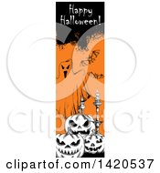 Clipart Of A Vertical Website Banner Of A Sketched Happy Halloween Greeting Bats Ghost Candle Stick And Pumpkins Royalty Free Vector Illustration