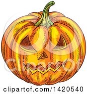 Clipart Of A Sketched Halloween Jackolantern Pumpkin Royalty Free Vector Illustration